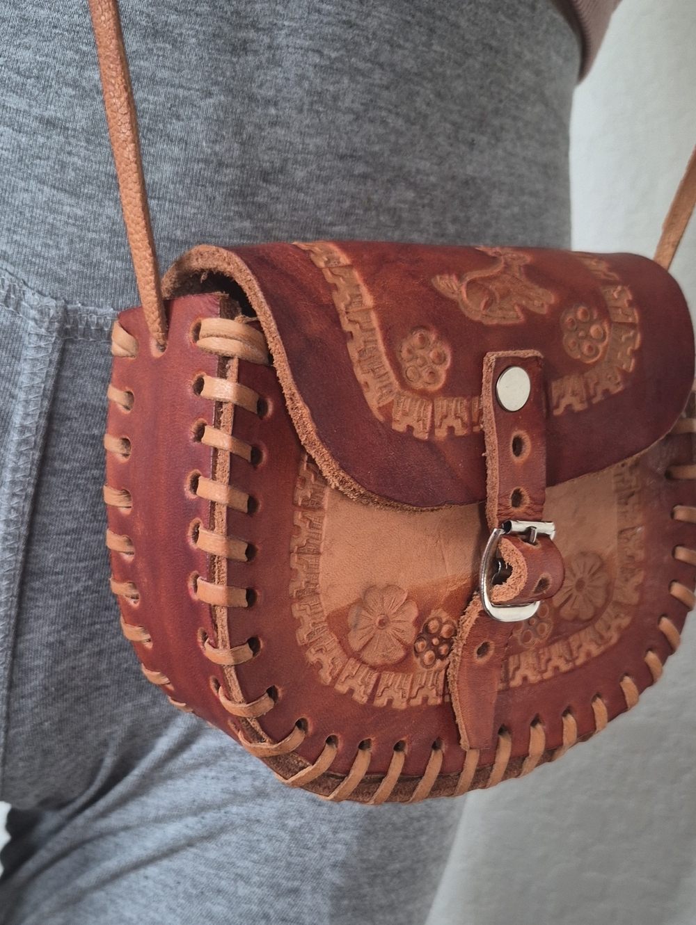Vintage Hand Tooled Leather Crossbody Bag